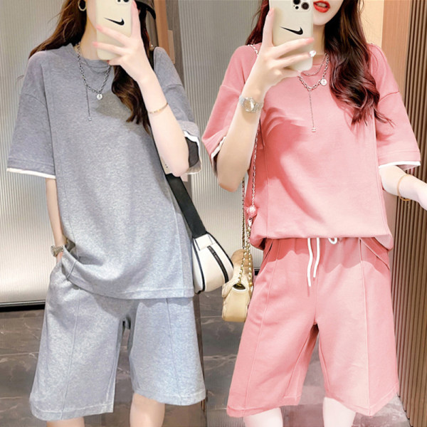 Korean Lifestyle - プラスサイズの女性の夏のカジュアル寝間着ファッショナブルな半袖ショーツホーム服 2 点セット快適なルーズフィット