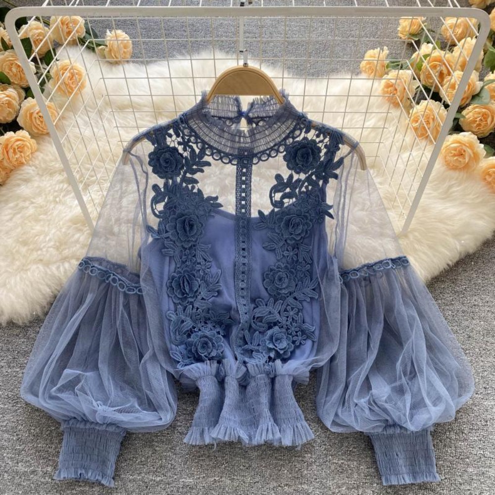 Korean Lifestyle - 2 ピース/セットレースパフ長袖ブラウスヴィンテージファッションブラウスエレガントなファム Blusas 韓国トップス女性シャツ服