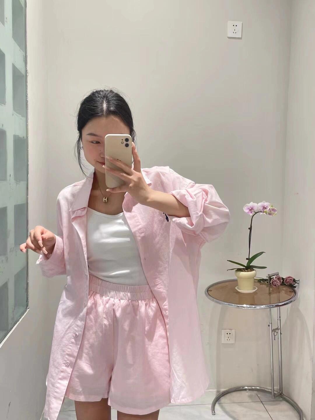 Korean Lifestyle - 韓国風スイートピンク長袖シャツとハイウエストワイドレッグショーツセットレディースファッション夏服カジュアルスタイル