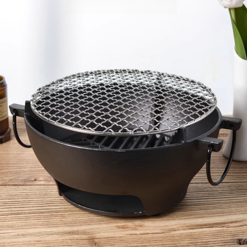 Korean Bbq Grill - 鋳鉄製丸型小型ポータブル韓国風炭火バーベキューグリル、屋外テーブルトップキャンプBBQ、お茶作りに