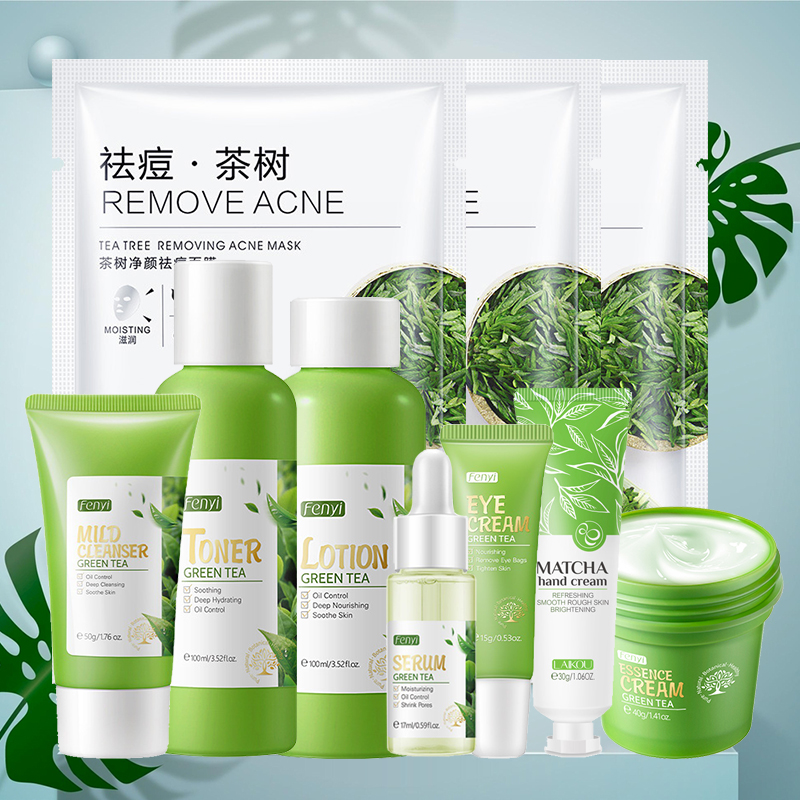 Korean Skincare Routine - フェイシャルプロダクツキット 桜/緑茶フェイスクリーム 栄養肌フェイスセラム スムージングアイクリーム スキンケア 韓国コスメ