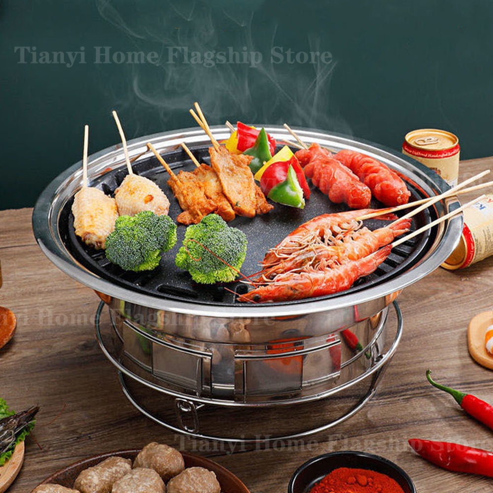Korean Bbq Grill - ステンレス鋼炭火グリルカーボンストーブバーベキューグリルラックラウンド韓国製ノンスティック家庭用屋外キャンプポータブルBBQツール