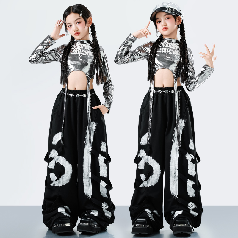 Korean Lifestyle - 韓国 Y2K キッズストリートウェアスタイルヒップホップダンス衣装女の子ファッションジャズラッパースーツ子供ステージパフォーマンス服セット