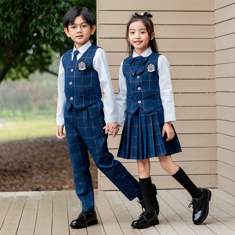 Korean Lifestyle - 子供英国チェック柄ベストシャツスーツパンツ女の子チョッキブラウススカート子供学校制服男の子韓国学生服セット