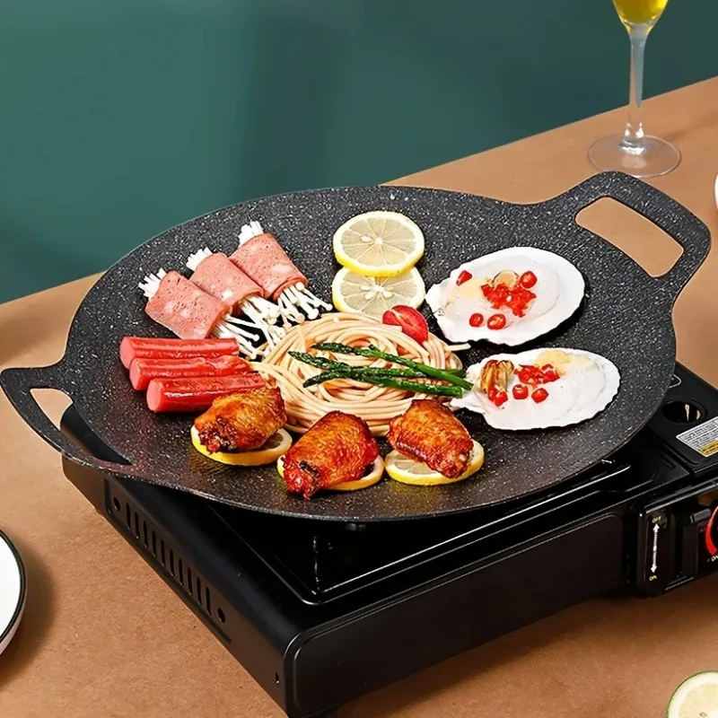 Korean Bbq Grill - 焦げ付き防止のローストパン、鋳鉄、ダブルハンドルベーキングパン、丸いグリドル、韓国のバーベキュー用グリルパン、ハンドル付きラウンドバーベキューグリドル