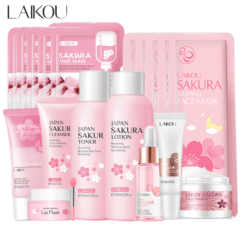 Korean Skincare Routine - Sakura-韓国のフェイシャルクリーナー,フェイスセラム,角質除去剤,スクラブジェル,保湿トナー,アイクリーム,日焼け止め化粧品,スキンケアセット