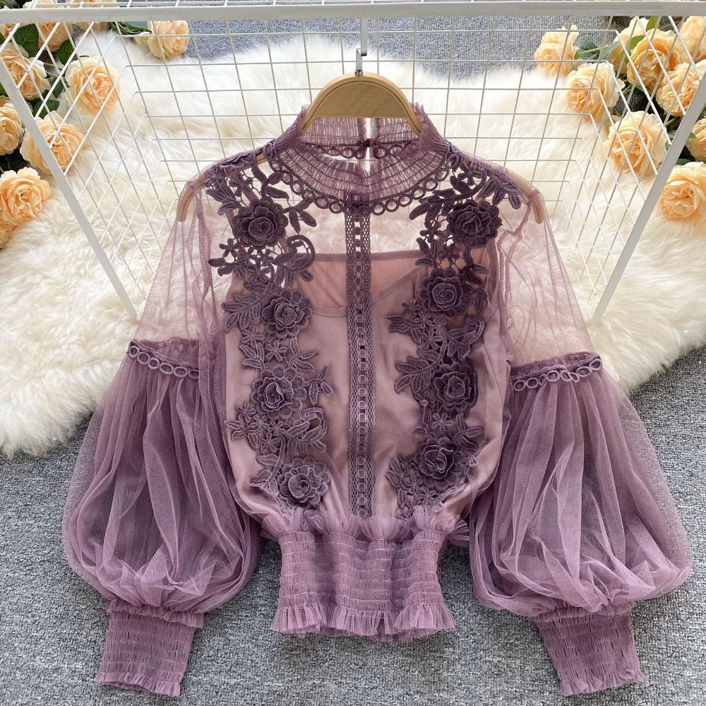 2 ピース/セットレースパフ長袖ブラウスヴィンテージファッシ - Korean Lifestyle のレビューと価格