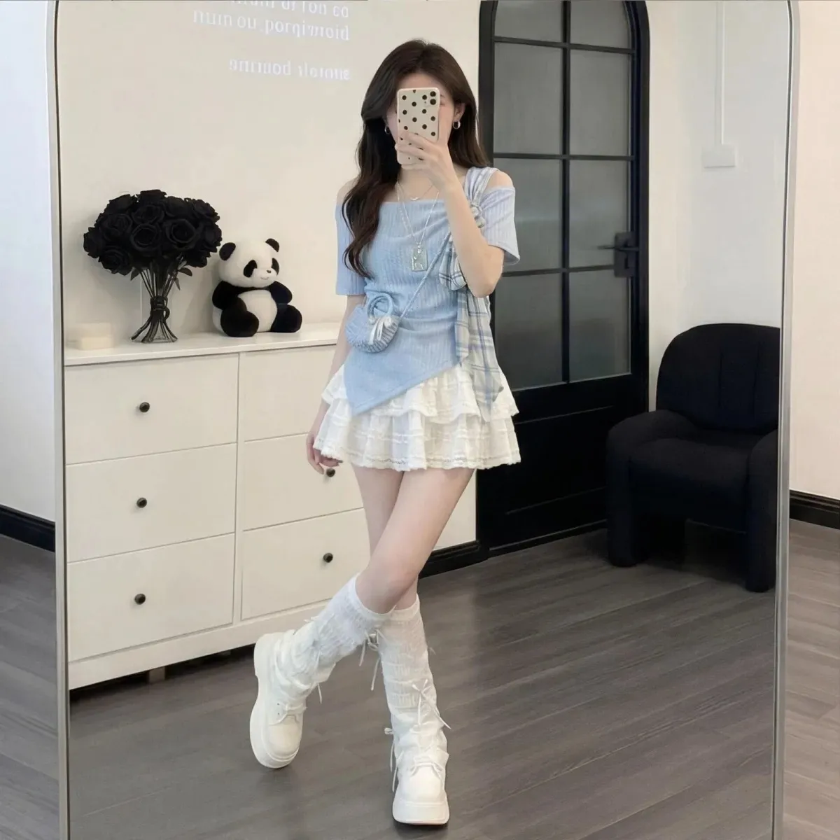レディース韓国風サマースウィートブルーTシャツミニホワイトボ - Korean Lifestyle のレビューと価格