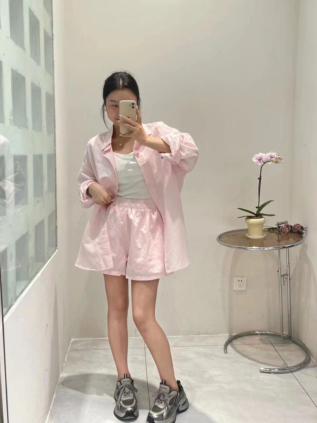 韓国風スイートピンク長袖シャツとハイウエストワイドレッグショ - Korean Lifestyle のレビューと価格