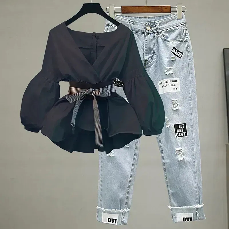 女性エレガントな V ネックストライプランタンスリーブボウベ - Korean Lifestyle のレビューと価格