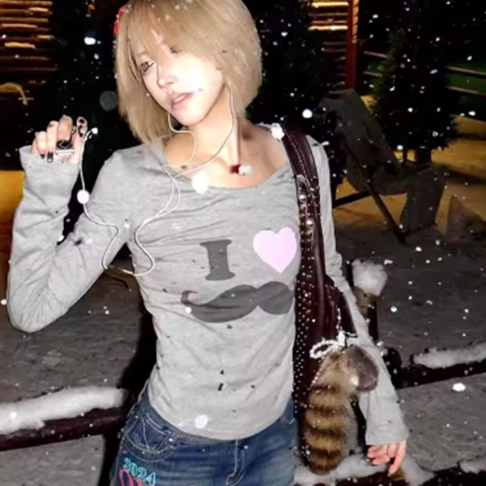 日本 Y2K ビアードプリント Tシャツ ヴィンテージ原宿長 - Korean Lifestyle のレビューと価格