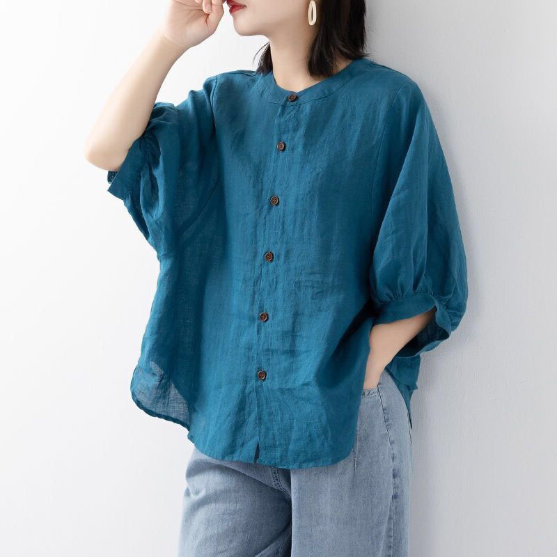 綿麻シャツ レディース 春夏 薄手 無地 ランタン袖 スタン - Korean Lifestyle のレビューと価格