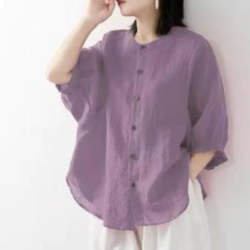 綿麻シャツ レディース 春夏 薄手 無地 ランタン袖 スタン - Korean Lifestyle のレビューと価格