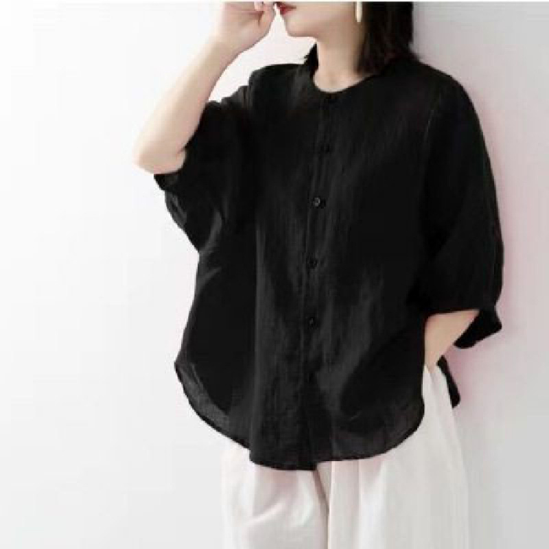 綿麻シャツ レディース 春夏 薄手 無地 ランタン袖 スタン - Korean Lifestyle のレビューと価格