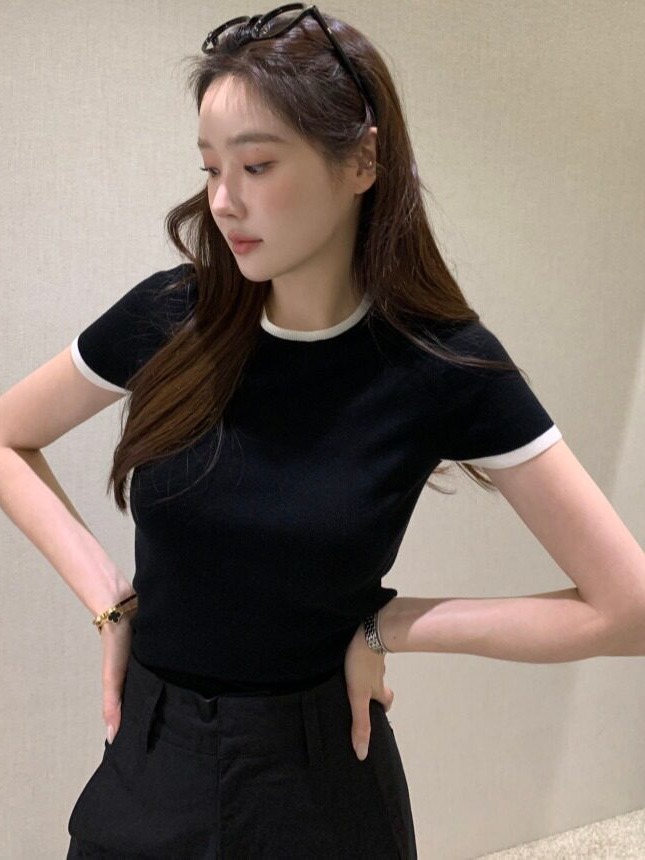 シックな夏の新作、薄手のカラーブロック半袖ニットセーター、韓 - Lifestyle Of Korean のレビューと価格
